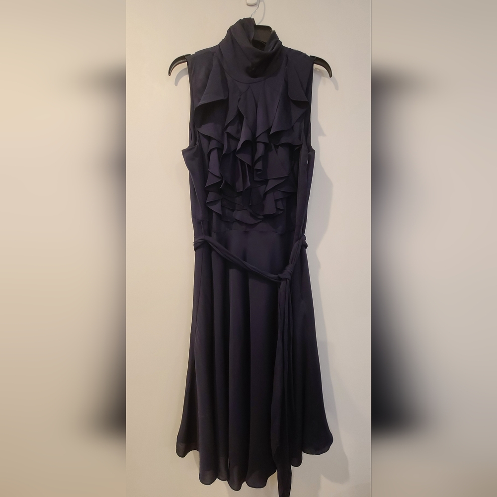 Ralph Lauren Ruffle Belted Navy Blue Silk Dress 14